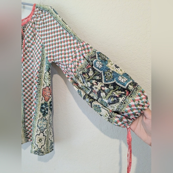 D'ascoli Pink Green Geometric Floral Printed 100% Silk Balloon Sleeve Top Artsy - Picture 6 of 11